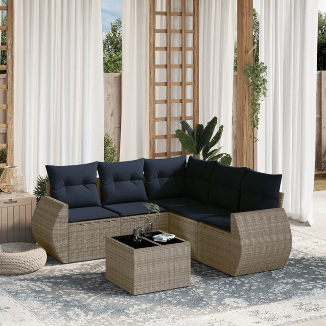 6-teiliges Gartensofa-Set mit Kissen, grau, Polyrattan 6-teiliges Gartensofa-Set mit Kissen, grau, Polyrattan