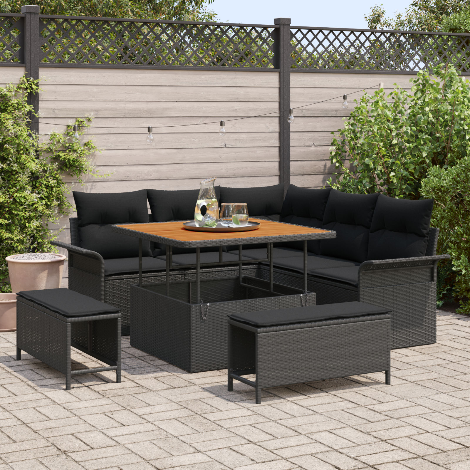 8-teiliges Garten Sofaset mit Kissen Schwarz Poly Rattan Akazie