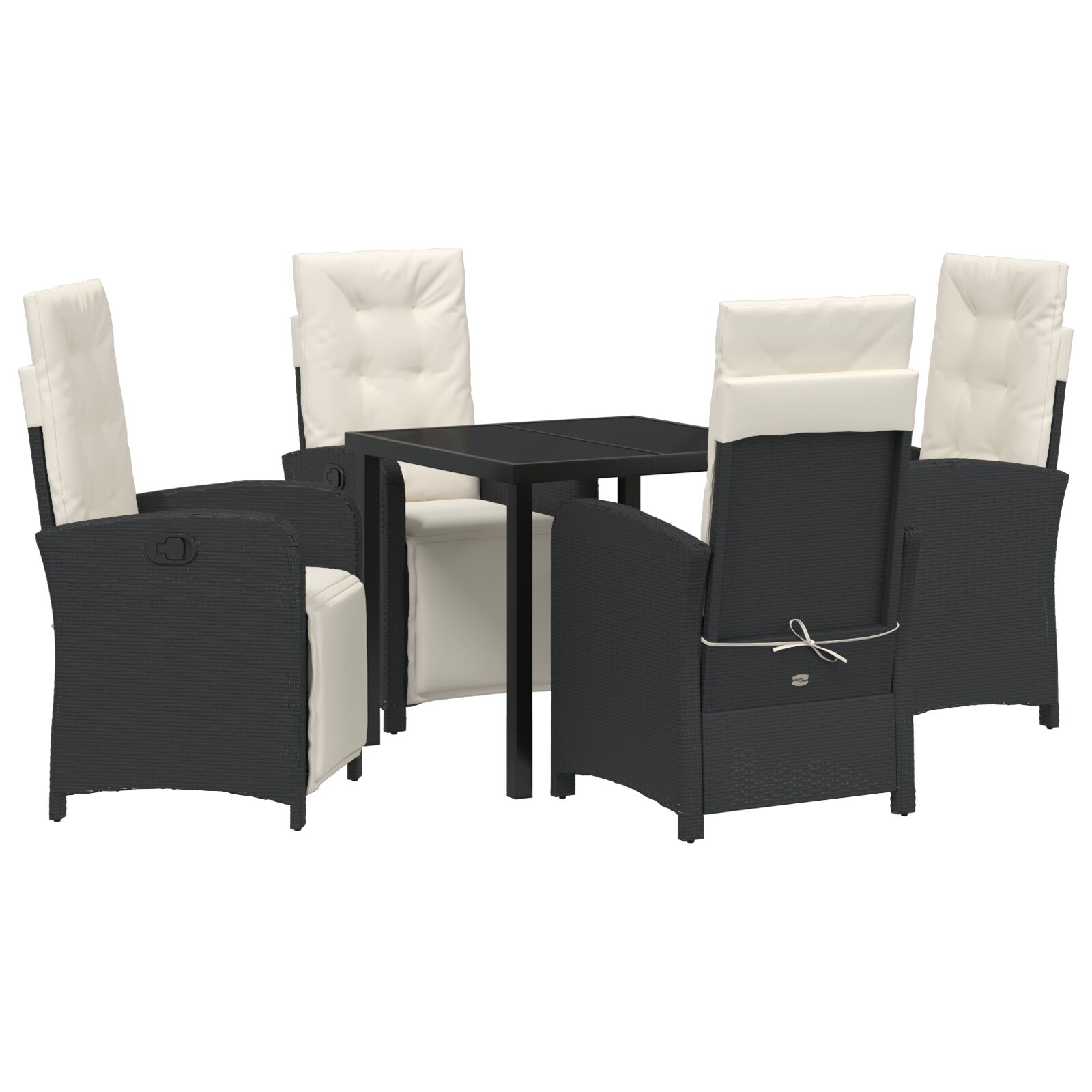 5-teilige Garten Essgruppe mit Kissen Schwarz Poly Rattan, Gartentisch Schwarz 80x80x73 cm Sicherheitsglas