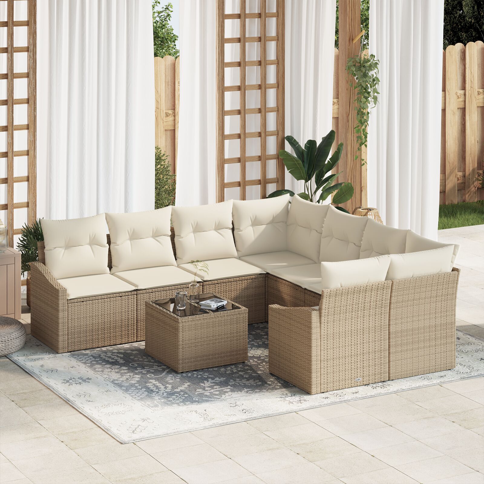 9-teiliges Garten-Sofa-Set mit Kissen in Beige aus Poly-Rattan 9-teiliges Garten-Sofa-Set mit Kissen in Beige aus Poly-Rattan