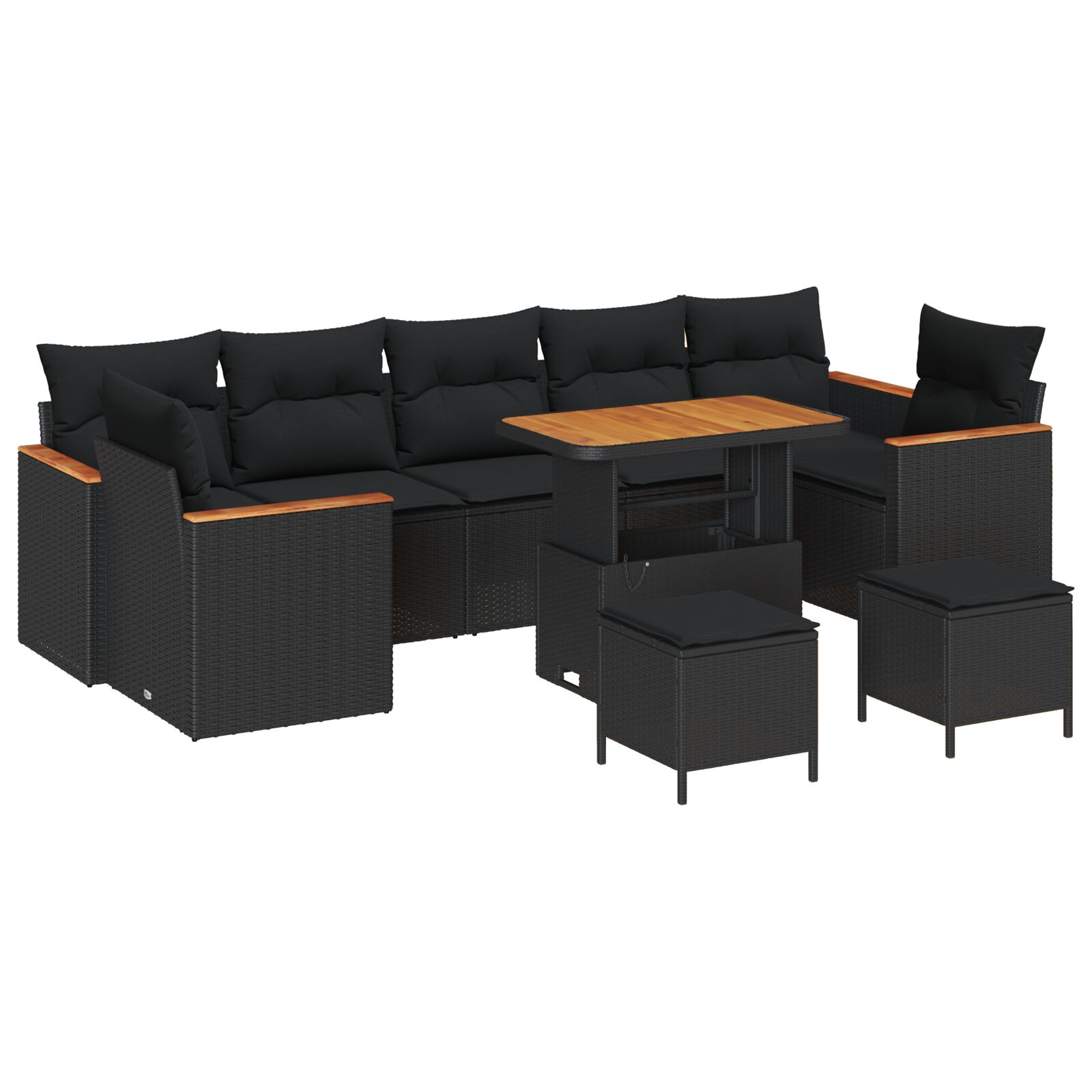 10-teiliges Garten Sofa Set mit Kissen Schwarz Poly Rattan Akazie, 3-teiliges Garten Esstischset mit Kissen Schwarz Poly Rattan Akazie