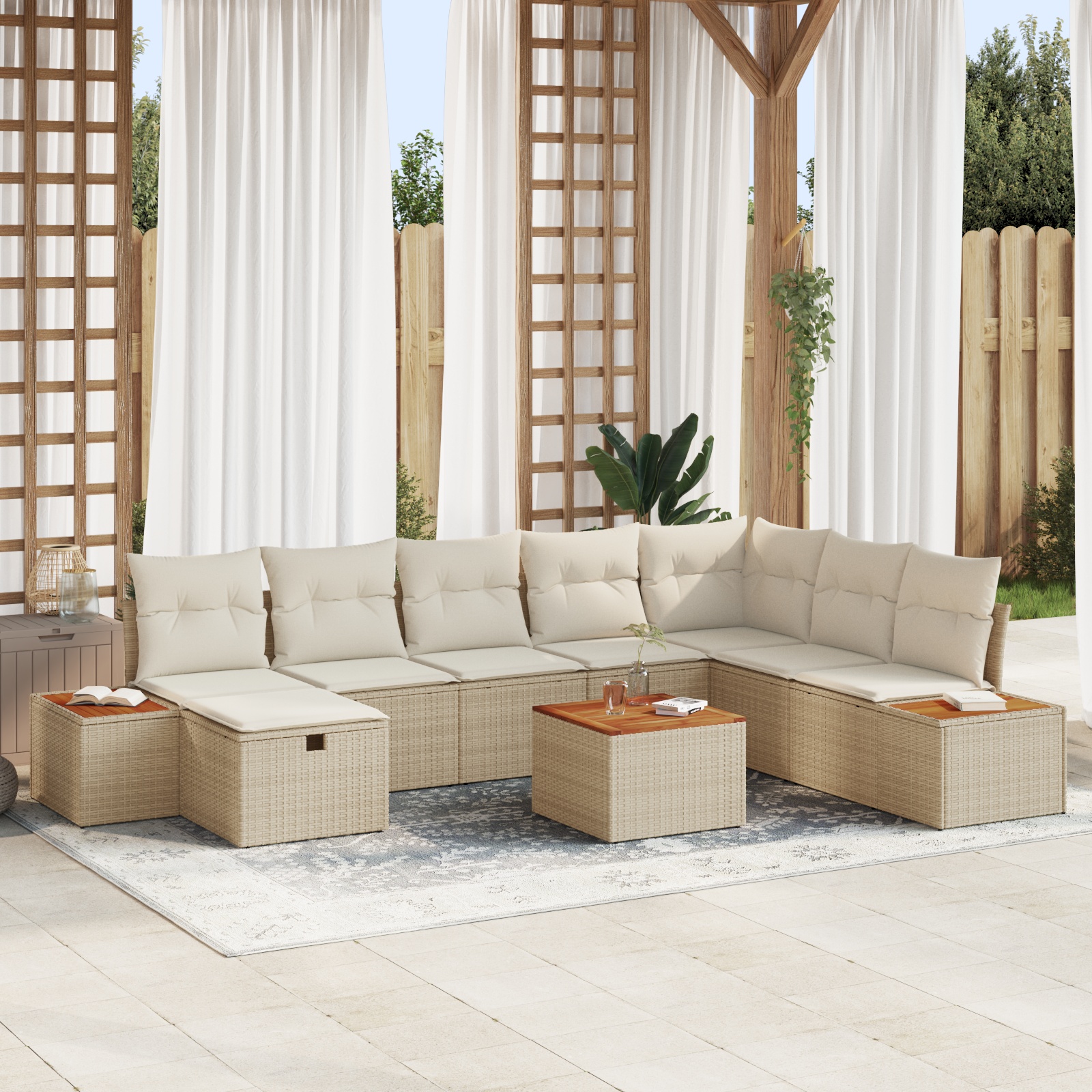 9-teiliges Garten-Sofa-Set mit Kissen Beige Poly Rattan 9-teiliges Garten-Sofa-Set mit Kissen Beige Poly Rattan