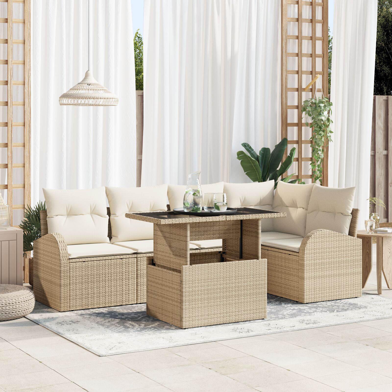 6-teiliges Garten-Sofa-Set mit Kissen Beige Poly Rattan