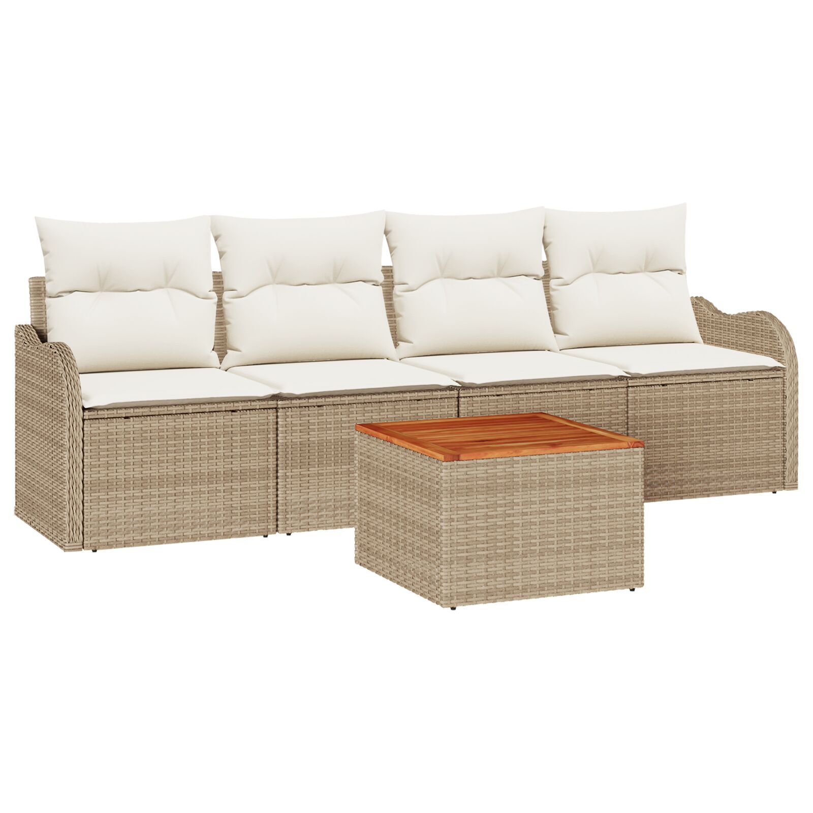 5-teiliges Garten Sofa Set mit Kissen Beige Poly Rattan Akazie, 2-Sitzer Garten Sofa mit Kissen Beige Poly Rattan 5-teiliges Garten Sofa Set mit Kissen Beige Poly Rattan Akazie, 2-Sitzer Garten Sofa mit Kissen Beige Poly Rattan