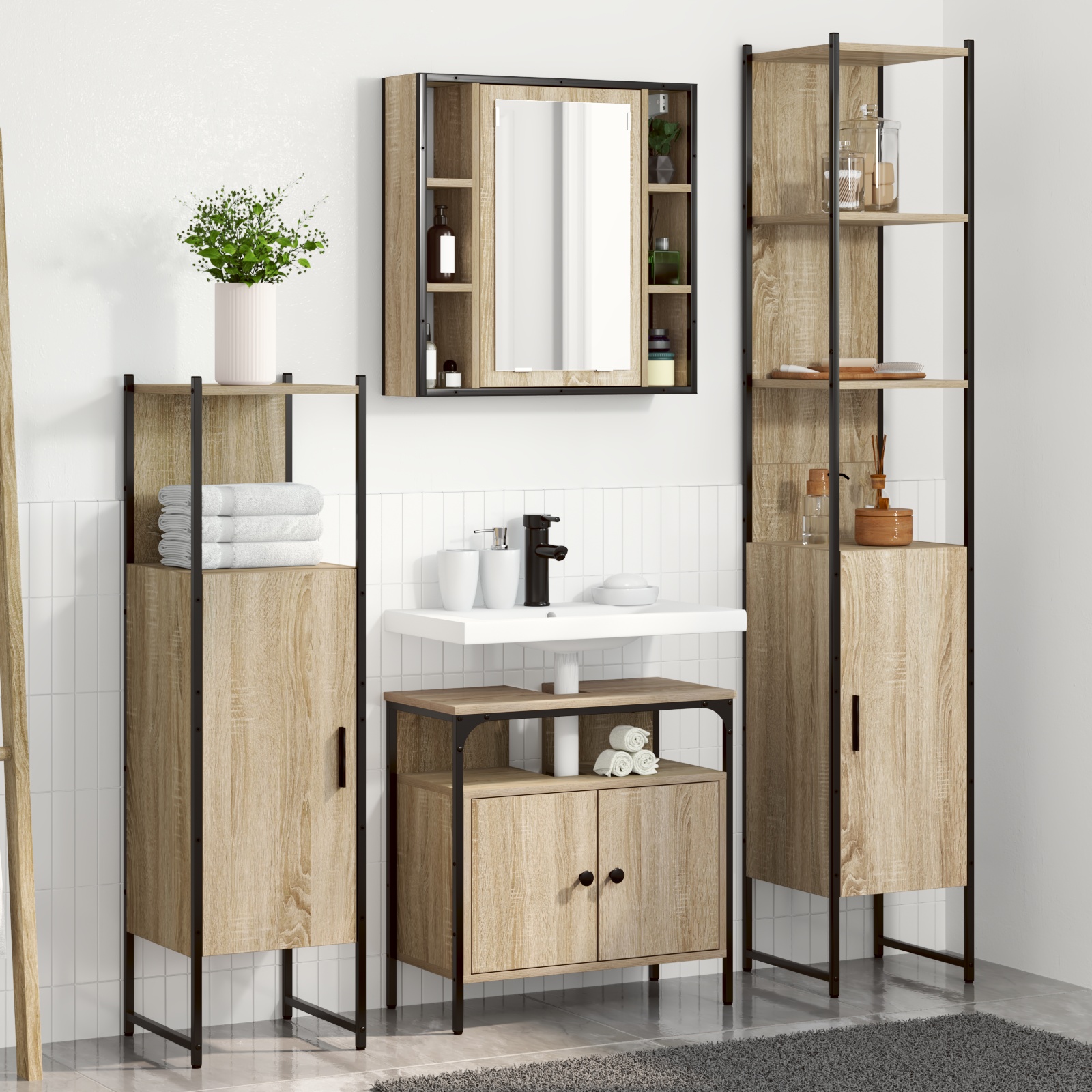 Badezimmermöbel Set mit Regal Wandmontiert Sonstiges mit Speicher mit Tür mit Spiegel 4 pcs Sonoma Eiche
