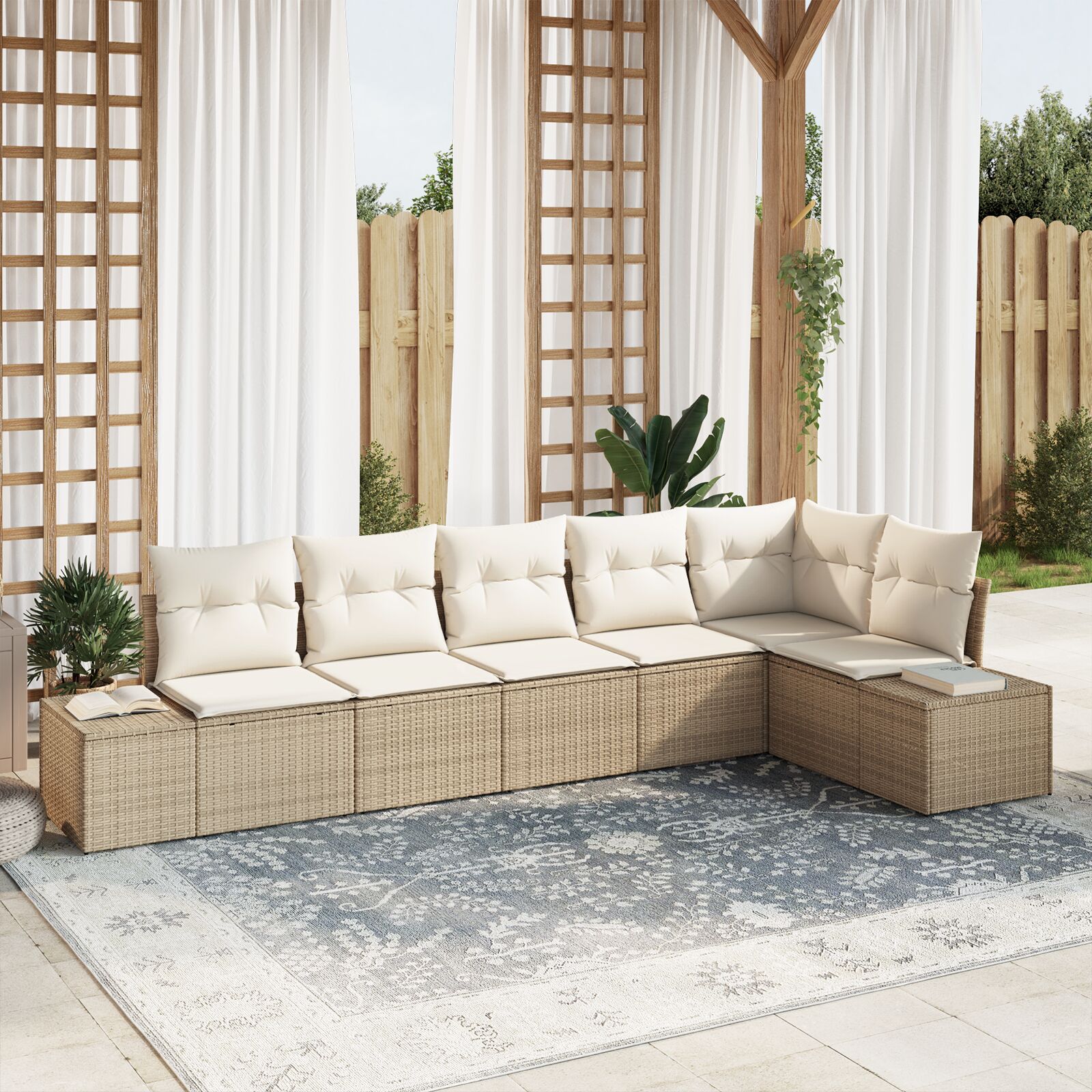 6-teiliges Garten Sofa Set mit Kissen Beige Poly Rattan 6-teiliges Garten Sofa Set mit Kissen Beige Poly Rattan