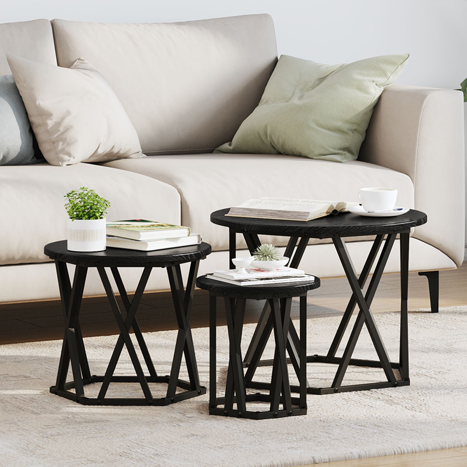 vidaXL 3er Set Nesting Beistelltische Schwarz Eichenholzwerkstoff