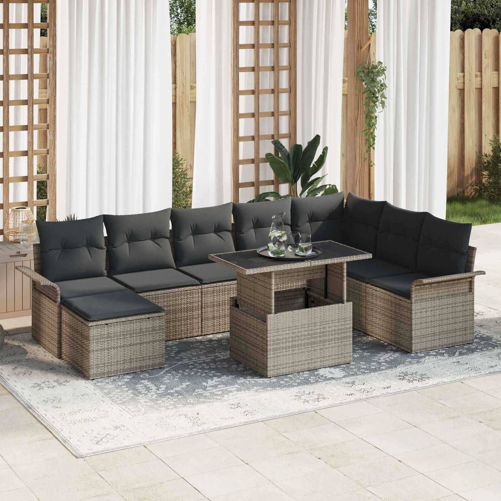 9-teiliges Garten Sofa Set mit Kissen Grau Poly Rattan