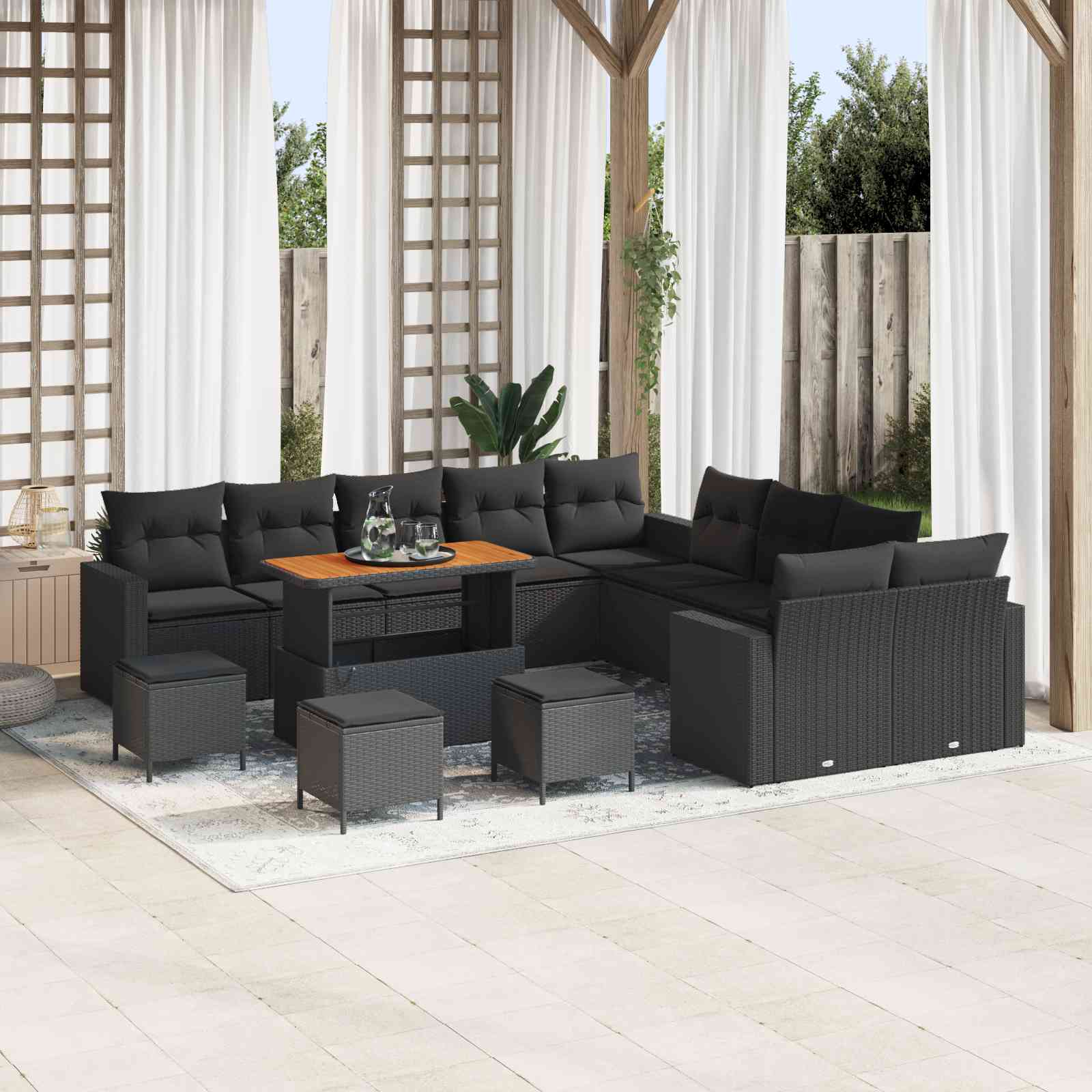 14-teiliges Garten-Sofa-Set mit Kissen Schwarz Poly Rattan Akazie
