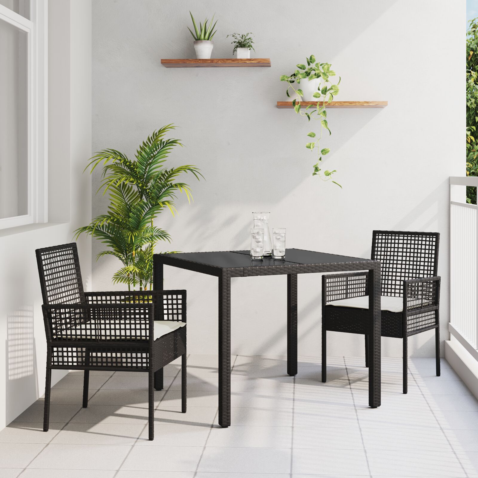 vidaXL 3-teiliges Garten-Esszimmer-Set mit Kissen Schwarz Poly-Rattan vidaXL 3-teiliges Garten-Esszimmer-Set mit Kissen Schwarz Poly-Rattan