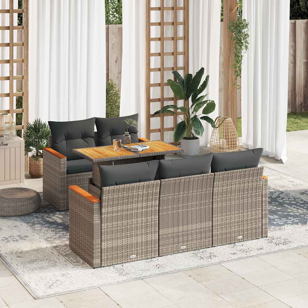 6-tlg. Garten-Sofagarnitur mit Kissen Grau Poly Rattan Akazie 6-tlg. Garten-Sofagarnitur mit Kissen Grau Poly Rattan Akazie