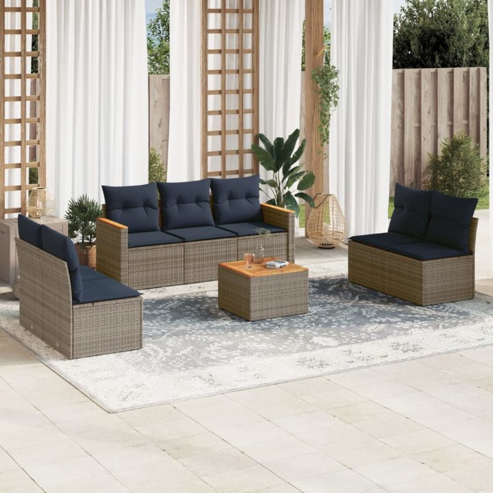 8-teiliges Gartensofa-Set mit Kissen, grau, Polyrattan 8-teiliges Gartensofa-Set mit Kissen, grau, Polyrattan
