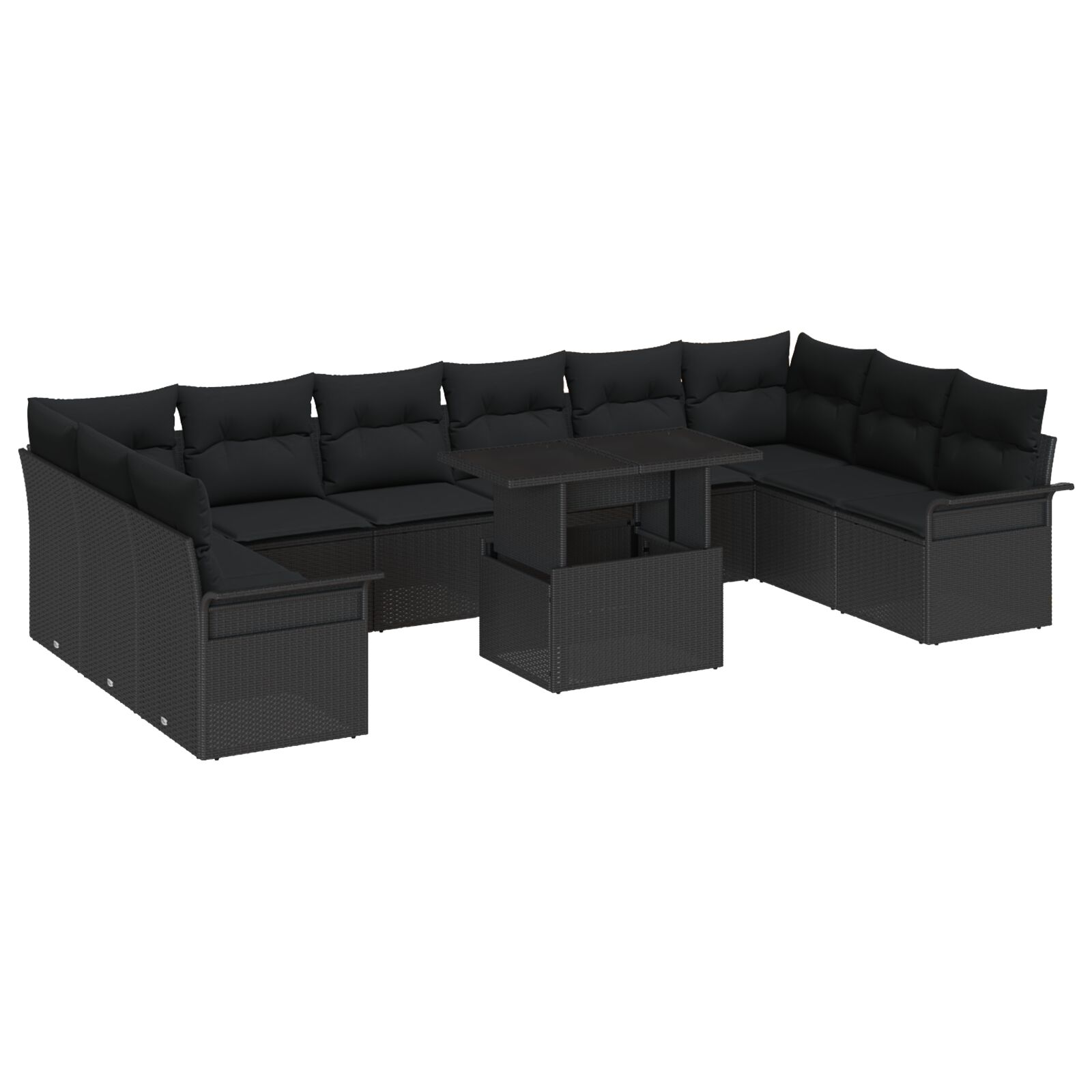 11-teiliges Garten Sofa Set mit Kissen Schwarz Poly Rattan, 2-Sitzer Garten Sofa mit Stauraum & Kissen Schwarz Poly Rattan