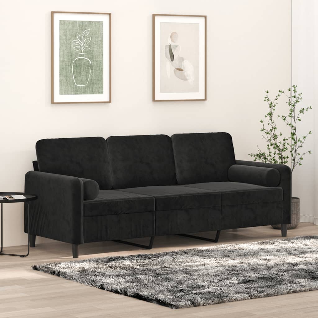 3-Sitzer-Sofa mit Zierkissen Schwarz 180 cm Samt 3-Sitzer-Sofa mit Zierkissen Schwarz 180 cm Samt