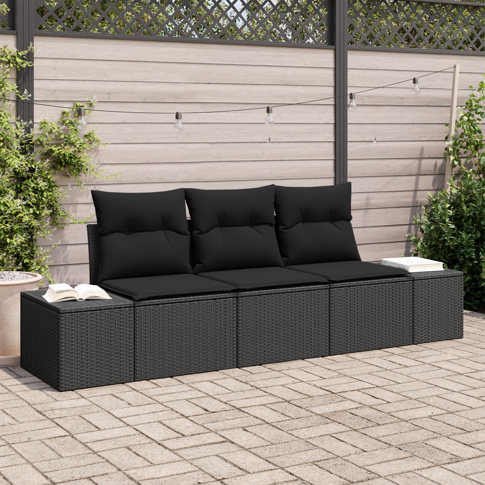 3-teilige Garten-Sofa-Set mit Kissen Schwarz Poly-Rattan 3-teilige Garten-Sofa-Set mit Kissen Schwarz Poly-Rattan