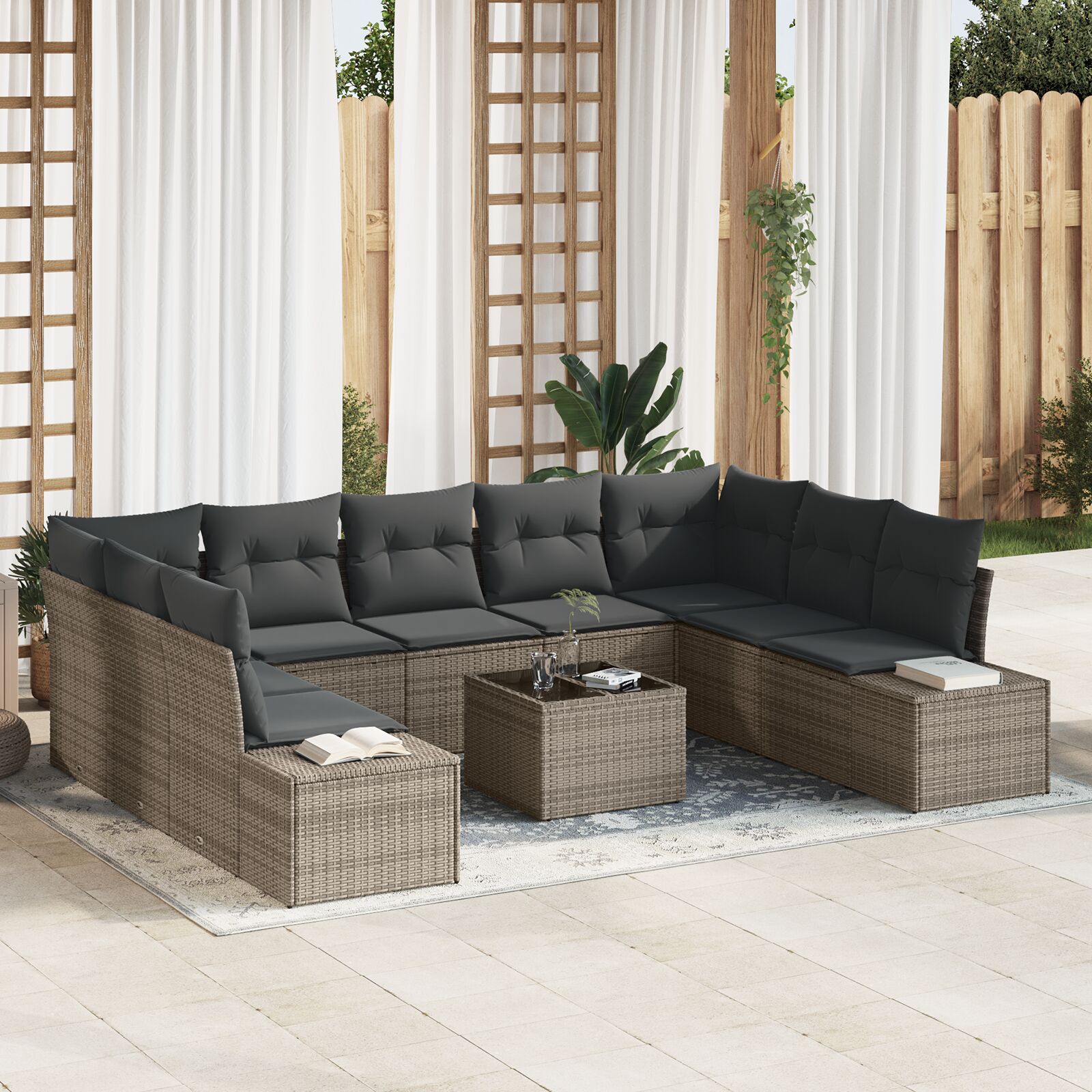 9-teiliges Garten Sofa Set mit Kissen Schwarz Poly Rattan