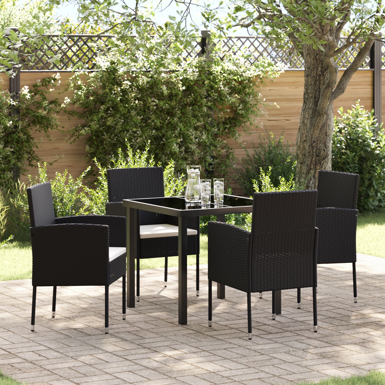 5-teiliges Garten-Essstuhl-Set mit Kissen Schwarz Poly-Rattan