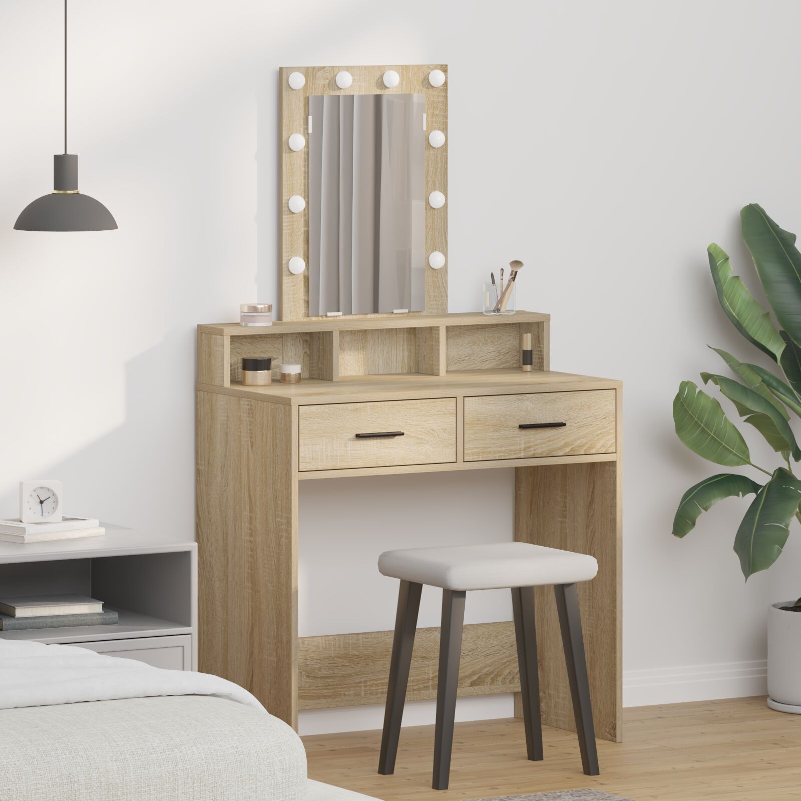 vidaXL Schminktisch mit LED-Lichtern Sonoma Eiche 79x41x140 cm