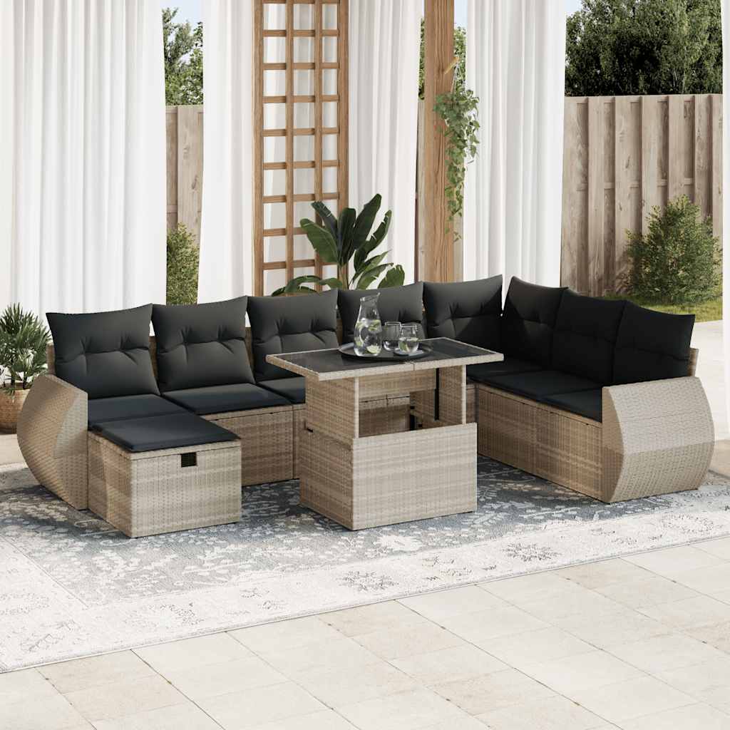 9-tlg. Garten-Sofagarnitur mit Kissen Hellgrau Poly Rattan 9-tlg. Garten-Sofagarnitur mit Kissen Hellgrau Poly Rattan