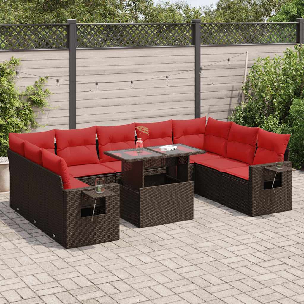 10-tlg. Garten-Sofagarnitur mit Kissen Braun Poly Rattan Akazie 10-tlg. Garten-Sofagarnitur mit Kissen Braun Poly Rattan Akazie