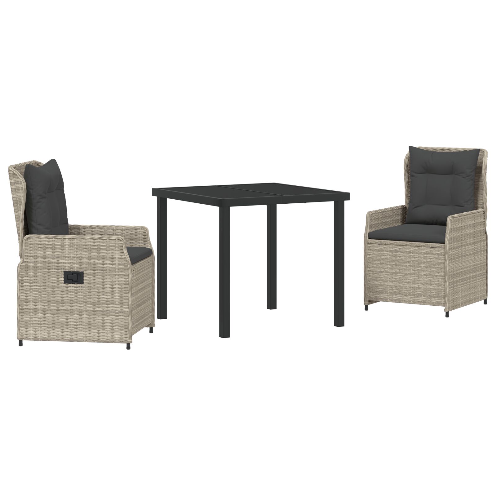 3-teiliges Garten Essset Hellgraues Poly Rattan, Gartentisch Schwarz 80x80x73 cm Sicherheitsglas 3-teiliges Garten Essset Hellgraues Poly Rattan, Gartentisch Schwarz 80x80x73 cm Sicherheitsglas
