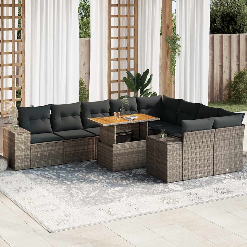 10-tlg. Garten-Sofagarnitur mit Kissen Grau Poly Rattan Akazie 10-tlg. Garten-Sofagarnitur mit Kissen Grau Poly Rattan Akazie