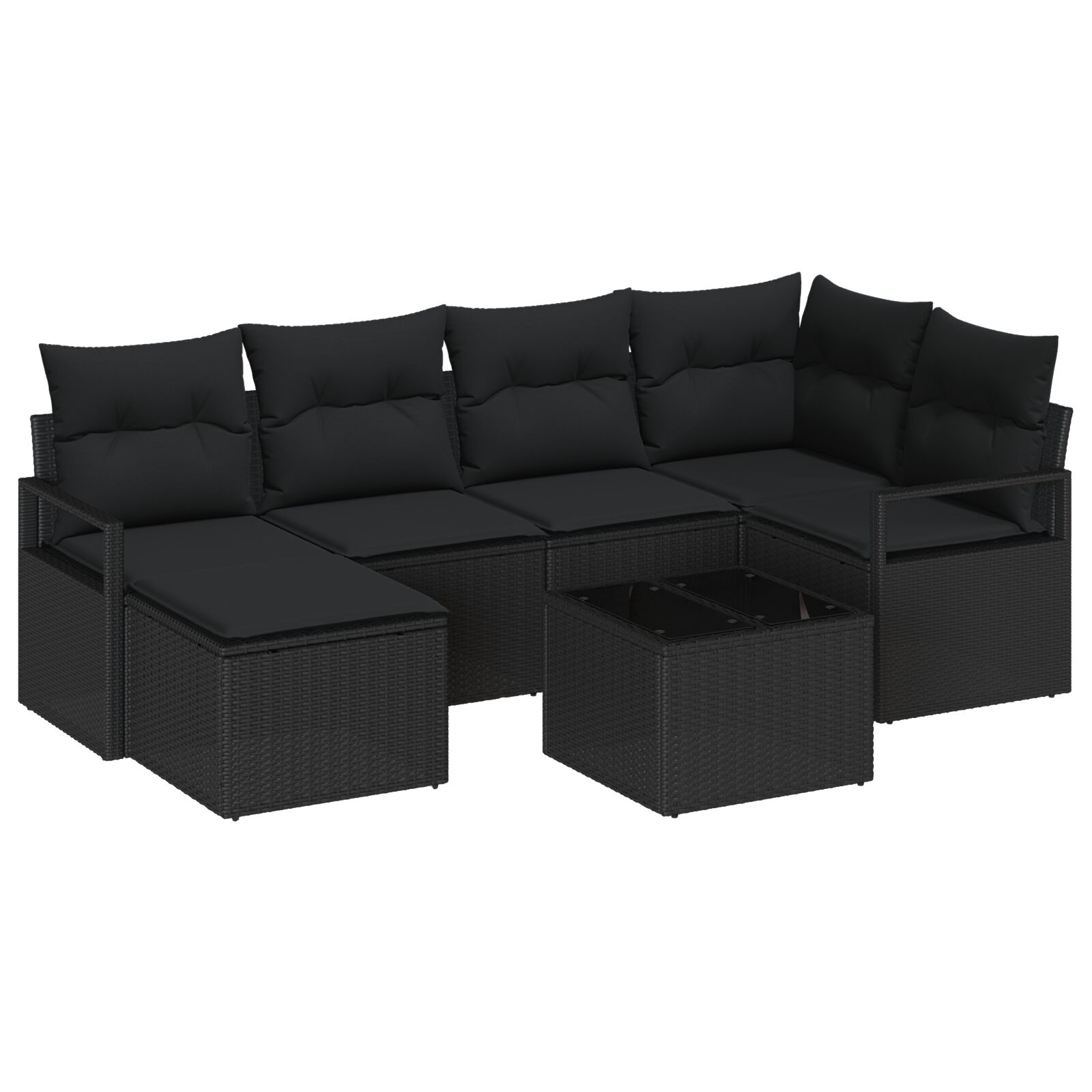7-teiliges Garten-Sofa-Set mit Kissen Beige Poly-Rattan, 2-Sitzer Garten-Sofa mit Kissen Schwarz Poly-Rattan 7-teiliges Garten-Sofa-Set mit Kissen Beige Poly-Rattan, 2-Sitzer Garten-Sofa mit Kissen Schwarz Poly-Rattan