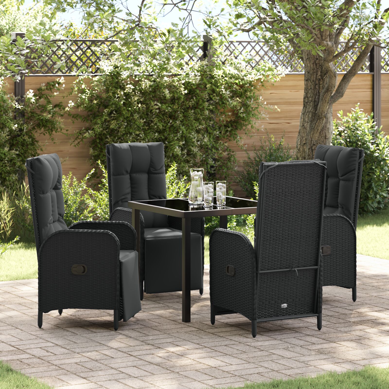5-teiliges Garten-Ess-Set mit Kissen Schwarzes Poly-Rattan