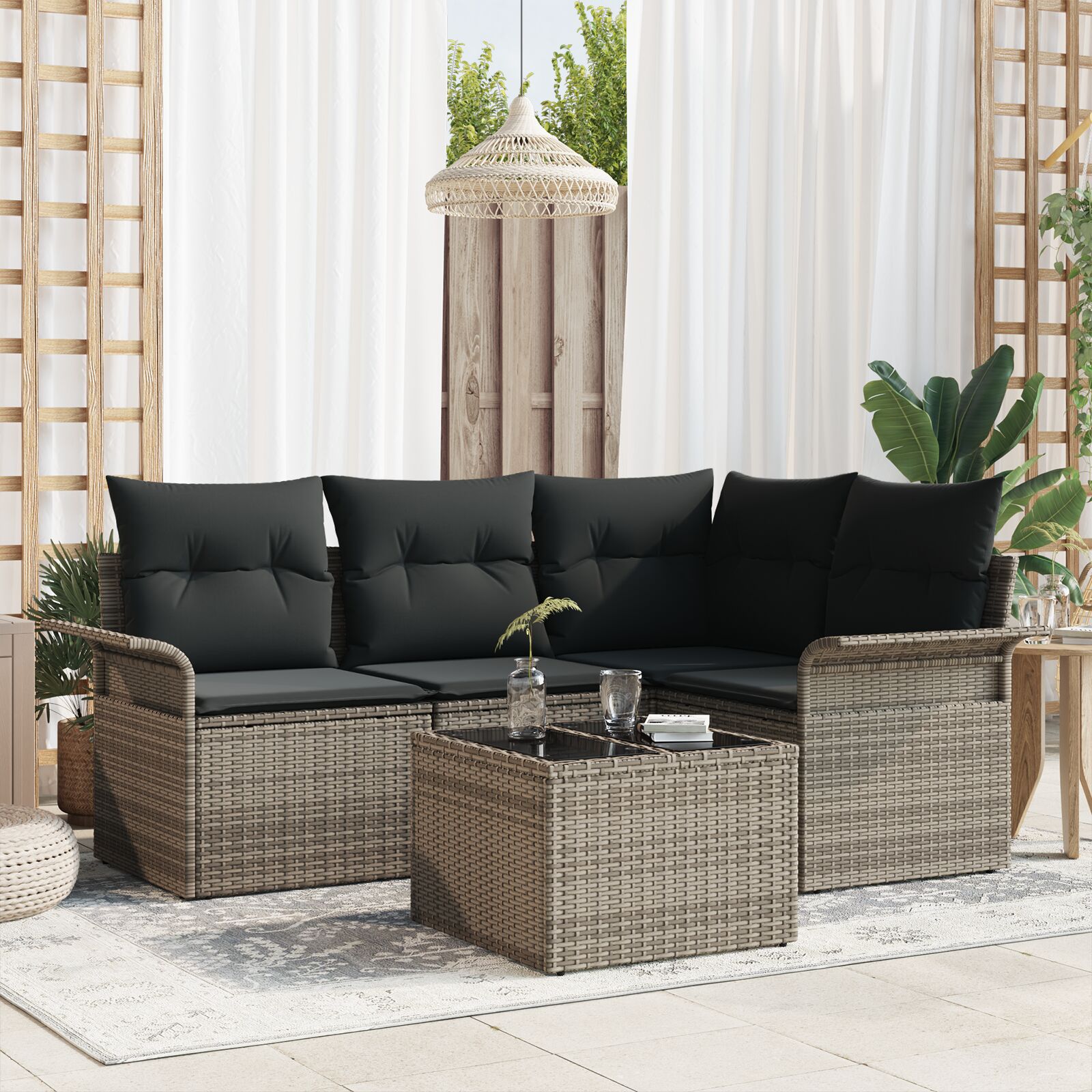 4-teiliges Garten-Sofa-Set mit Kissen aus schwarzem Poly-Rattan 4-teiliges Garten-Sofa-Set mit Kissen aus schwarzem Poly-Rattan