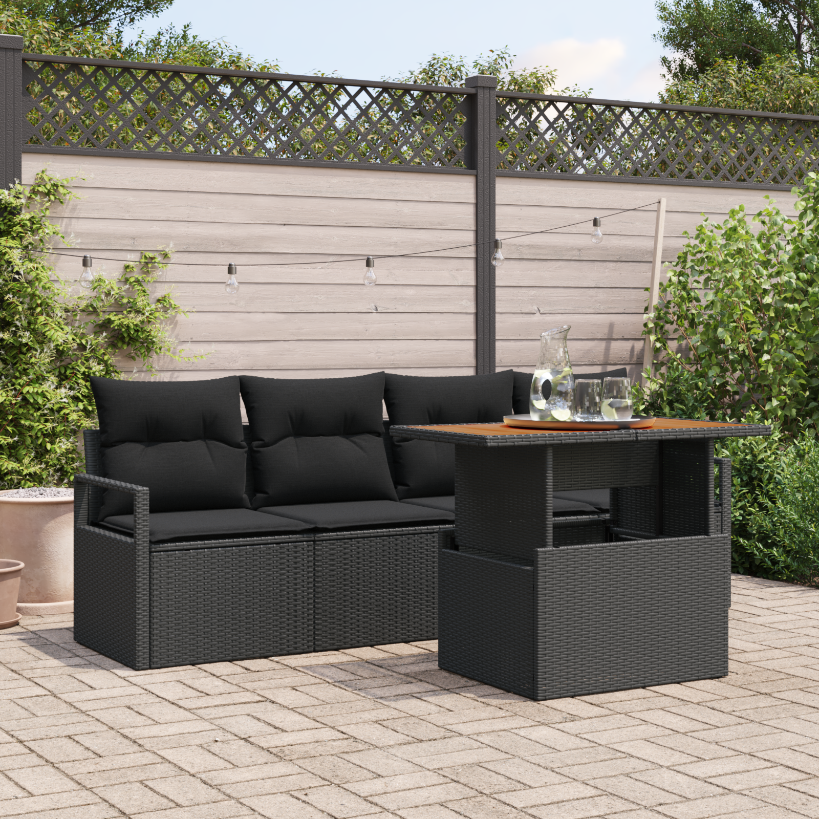5-teiliges Garten-Sofa-Set mit Kissen Schwarz Poly Rattan Akazie 5-teiliges Garten-Sofa-Set mit Kissen Schwarz Poly Rattan Akazie