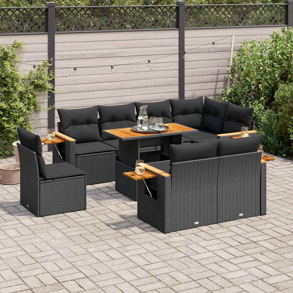 9-tlg. Garten-Sofagarnitur mit Kissen Schwarz Poly Rattan 9-tlg. Garten-Sofagarnitur mit Kissen Schwarz Poly Rattan