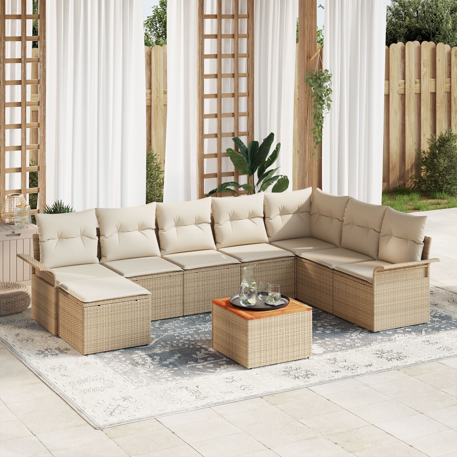 9 teiliges Garten Sofaset mit Kissen Beige Poly Rattan Akazie