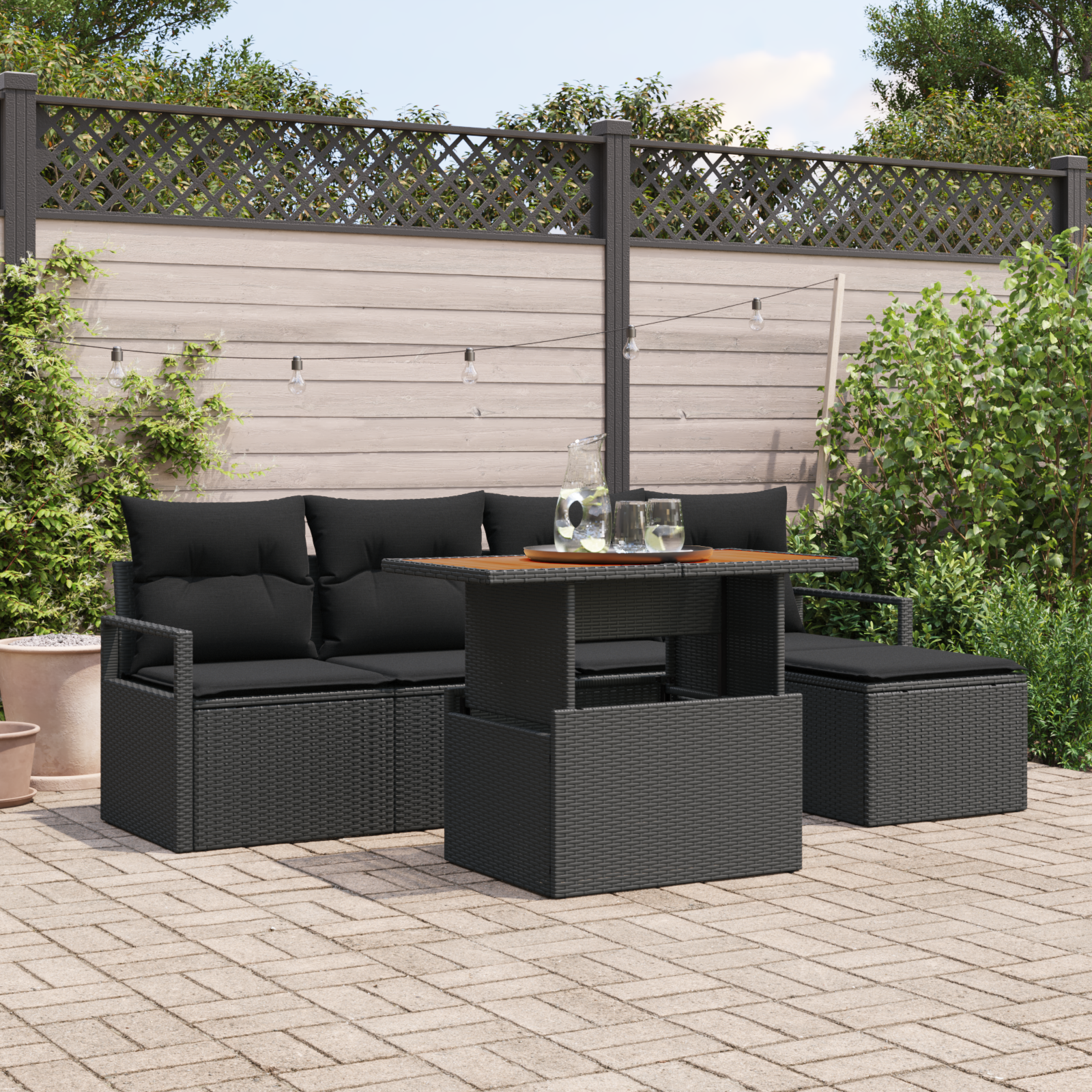 6-teiliges Garten Sofa Set mit Kissen Schwarz Poly Rattan 6-teiliges Garten Sofa Set mit Kissen Schwarz Poly Rattan