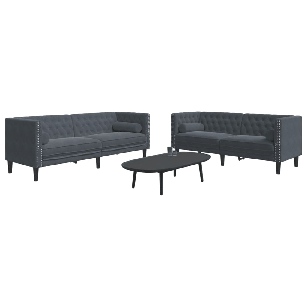 2-tlg. Chesterfield-Sofa-Set mit Nackenrollen Dunkelgrau Samt 2-tlg. Chesterfield-Sofa-Set mit Nackenrollen Dunkelgrau Samt