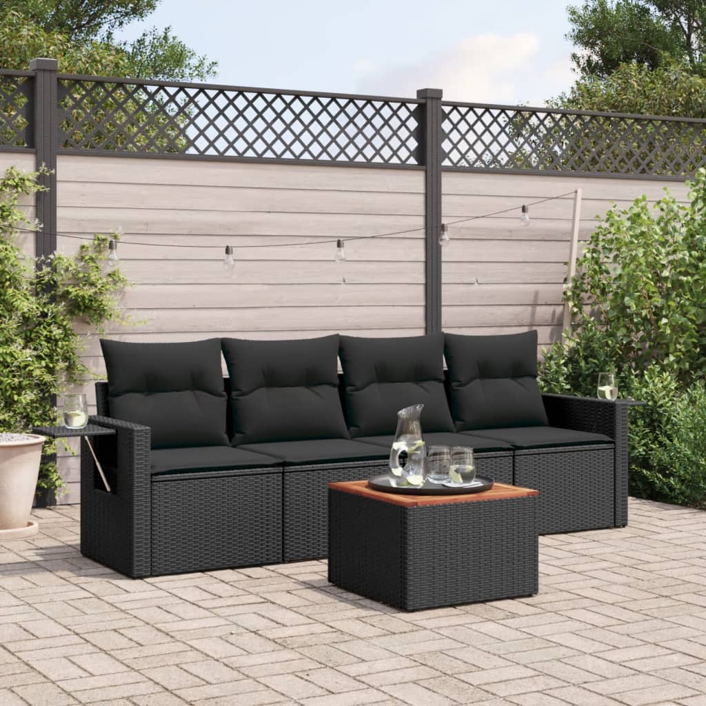 5-tlg. Garten-Sofagarnitur mit Kissen Schwarz Poly Rattan 5-tlg. Garten-Sofagarnitur mit Kissen Schwarz Poly Rattan