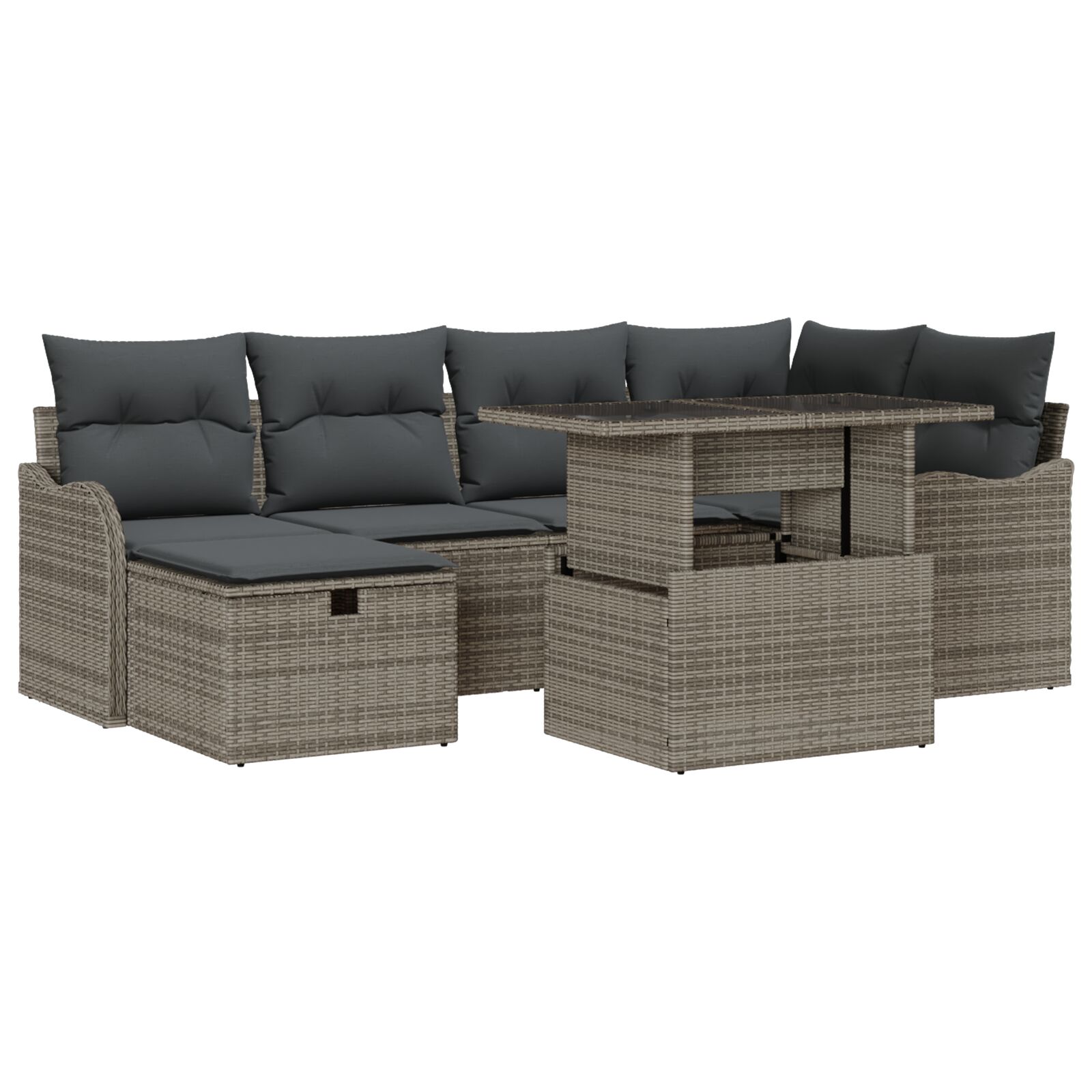 7-teiliges Garten Sofa Set mit Kissen Grau Poly Rattan, 2-Sitzer Garten Sofa mit Kissen Grau Poly Rattan