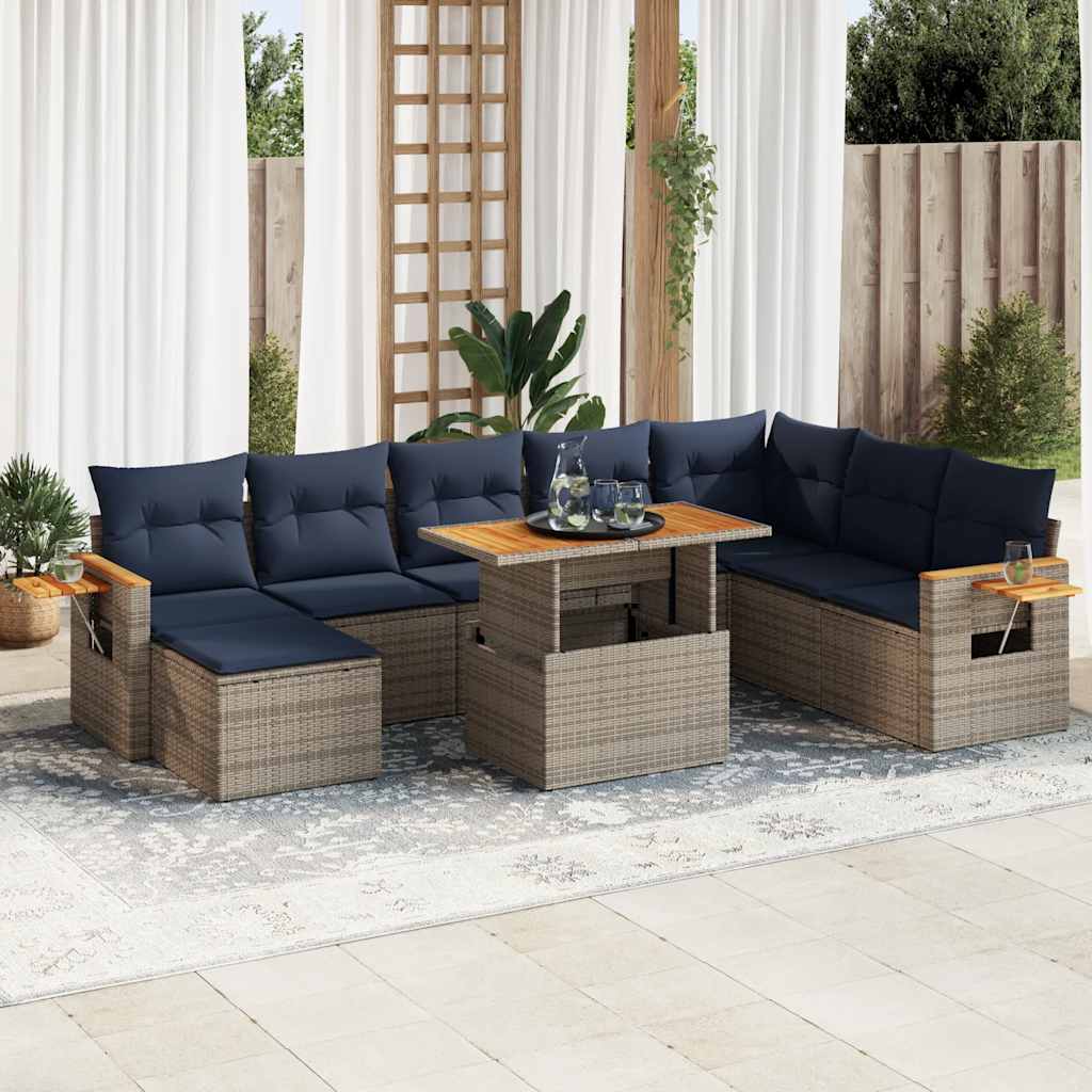 10-tlg. Garten-Sofagarnitur mit Kissen Grau Poly Rattan Akazie 10-tlg. Garten-Sofagarnitur mit Kissen Grau Poly Rattan Akazie