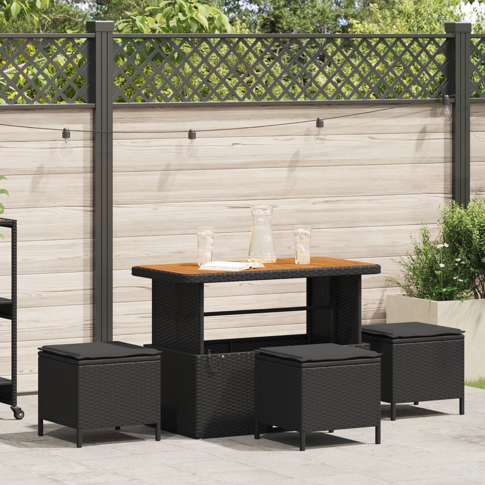 4-teiliges Garten Essset mit Kissen Schwarz Poly Rattan Akazie 4-teiliges Garten Essset mit Kissen Schwarz Poly Rattan Akazie