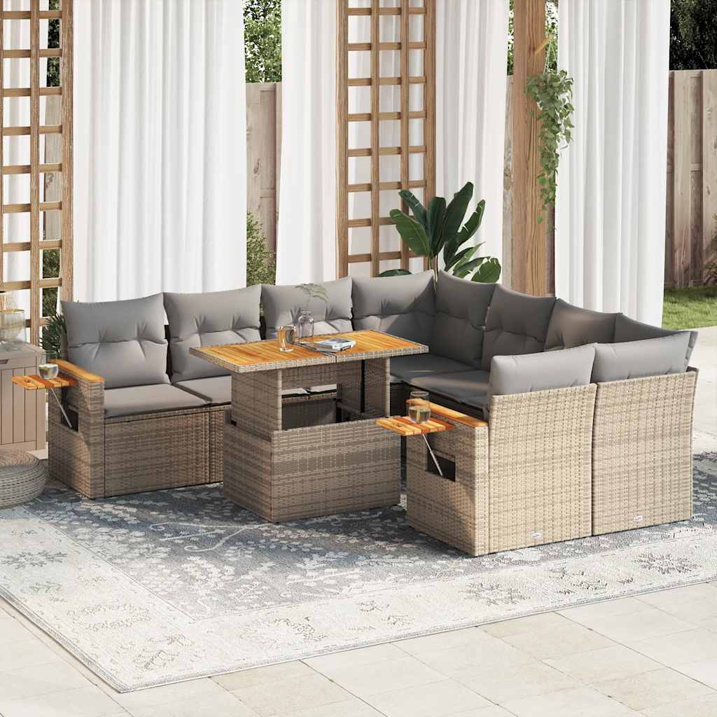 9-tlg. Garten-Sofagarnitur mit Kissen Beige Poly Rattan Akazie 9-tlg. Garten-Sofagarnitur mit Kissen Beige Poly Rattan Akazie
