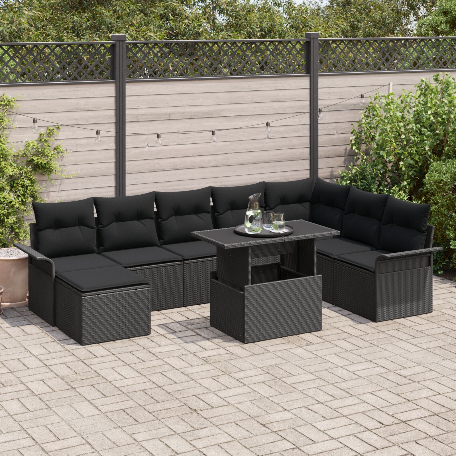 9-teiliges Garten-Sofaset mit Kissen in Schwarz aus Poly-Rattan