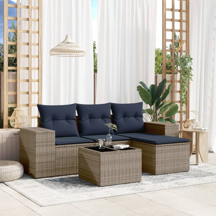 5-teiliges Gartensofa-Set mit Kissen, grau, Polyrattan 5-teiliges Gartensofa-Set mit Kissen, grau, Polyrattan