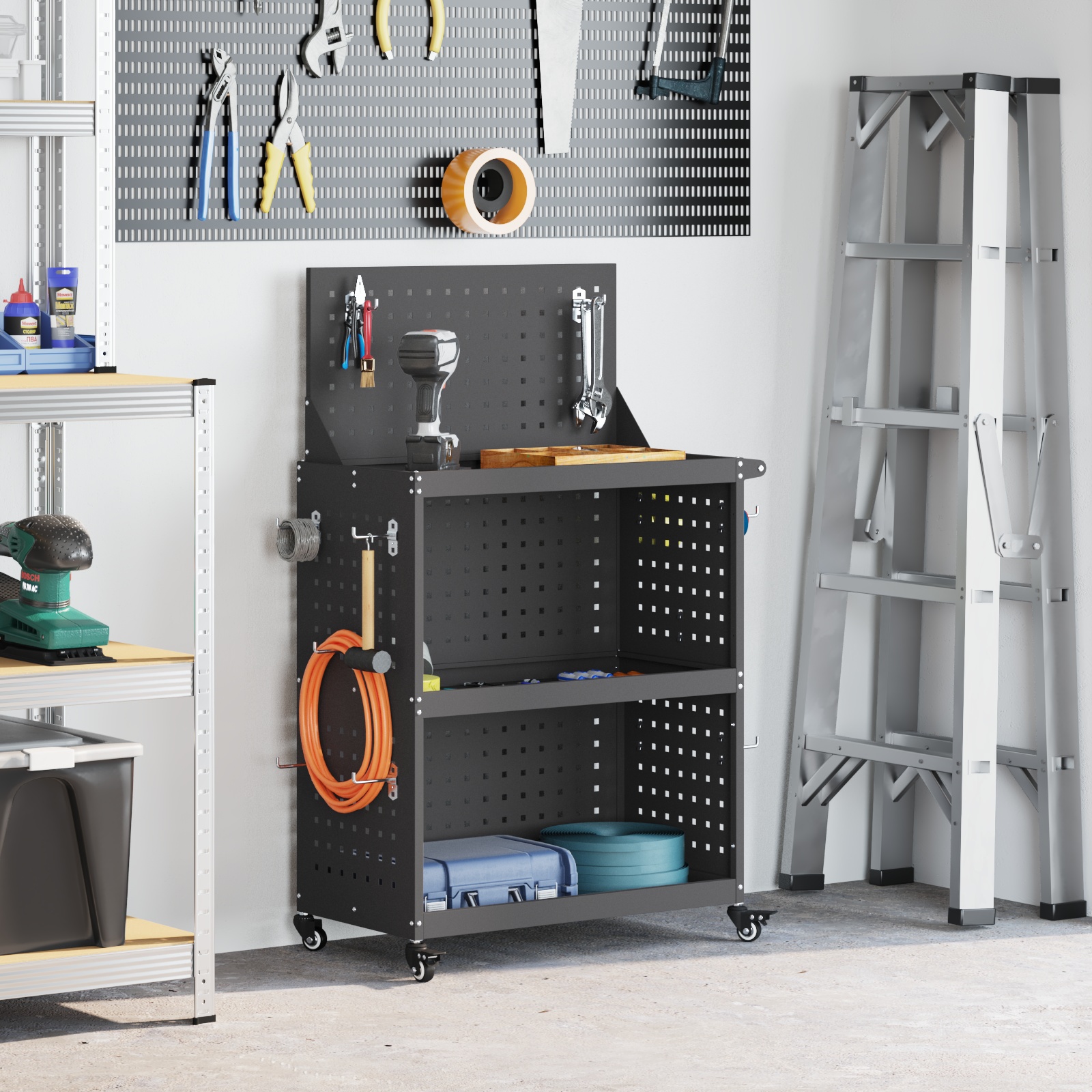 Werkzeugwagen mit Regal mit Rad mit Speicher Schwarz 65 x 35 x 111 cm