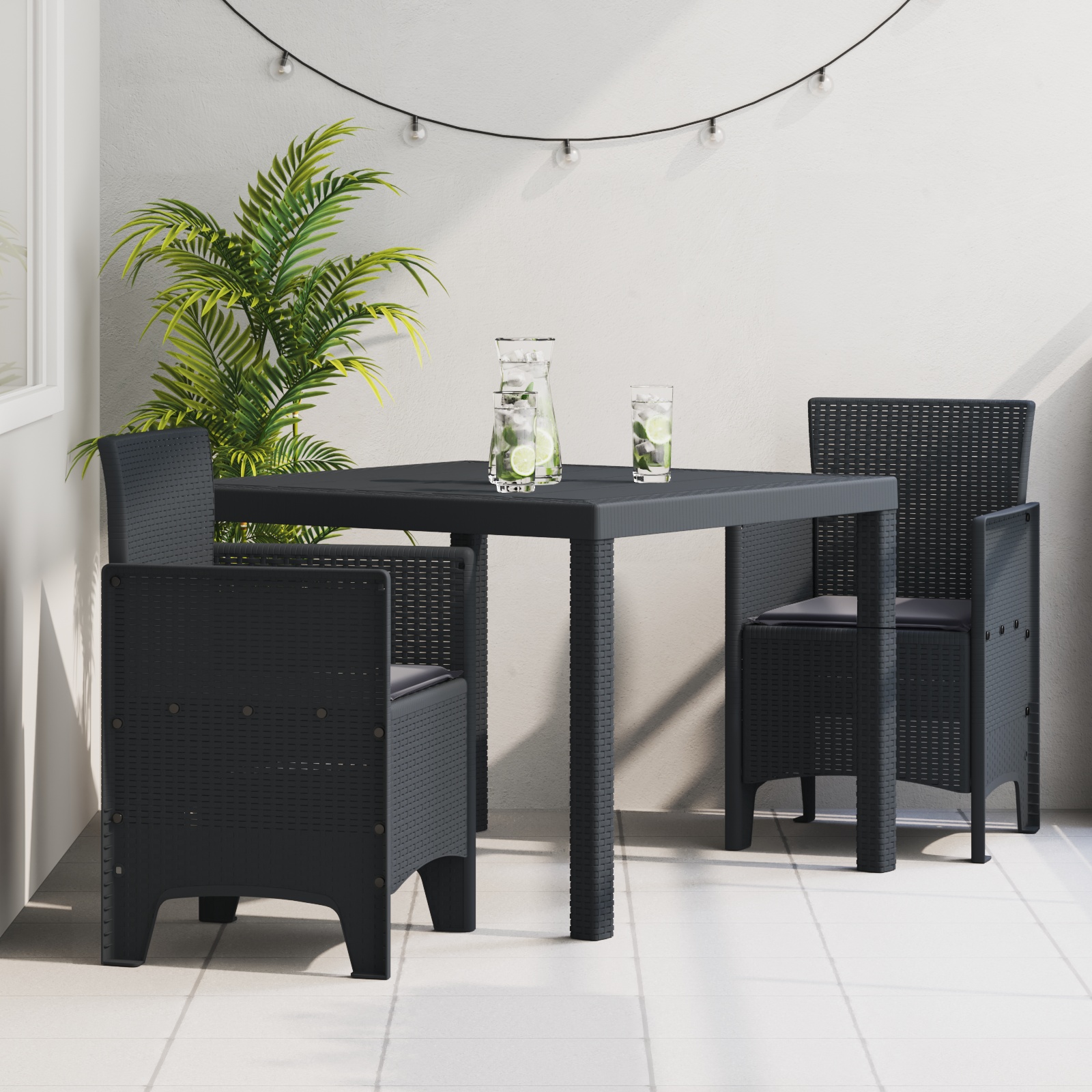 3-tlg. Garten-Essgruppe mit Kissen Anthrazit Poly Rattan