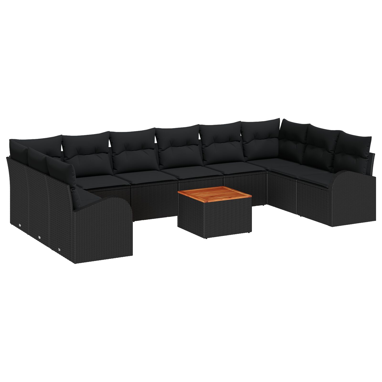 11-teiliges Garten Sofaset mit Kissen schwarz Poly Rattan Akazie, 2-Sitzer Garten Sofa mit Stauraum & Kissen schwarz Poly Rattan