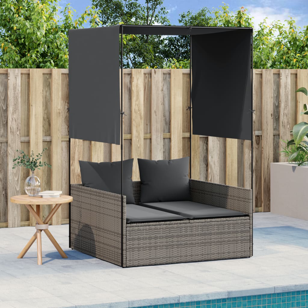 Doppel-Sonnenliege mit Dach und Vorhängen Grau Poly Rattan Doppel-Sonnenliege mit Dach und Vorhängen Grau Poly Rattan