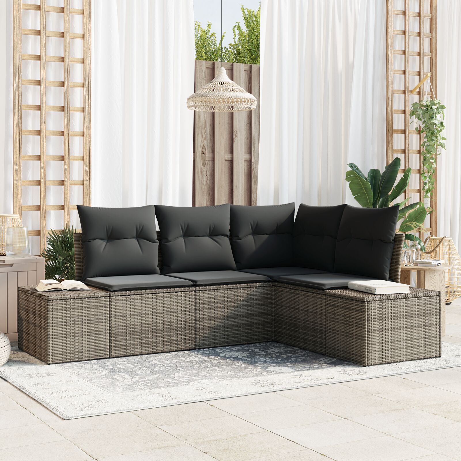4-teiliges Garten Sofa Set mit Kissen Grau Poly Rattan