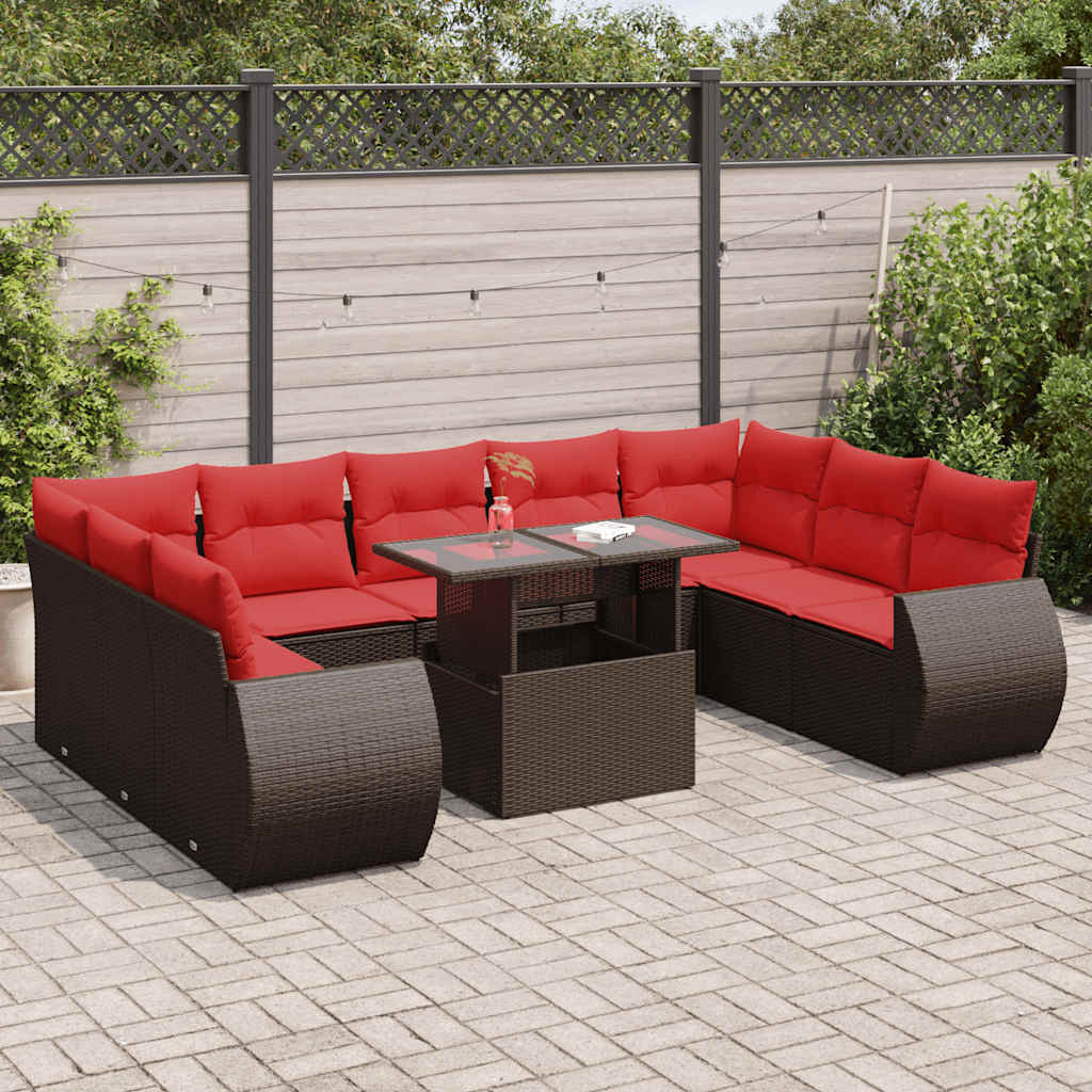 10-tlg. Garten-Sofagarnitur mit Kissen Braun Poly Rattan Akazie 10-tlg. Garten-Sofagarnitur mit Kissen Braun Poly Rattan Akazie