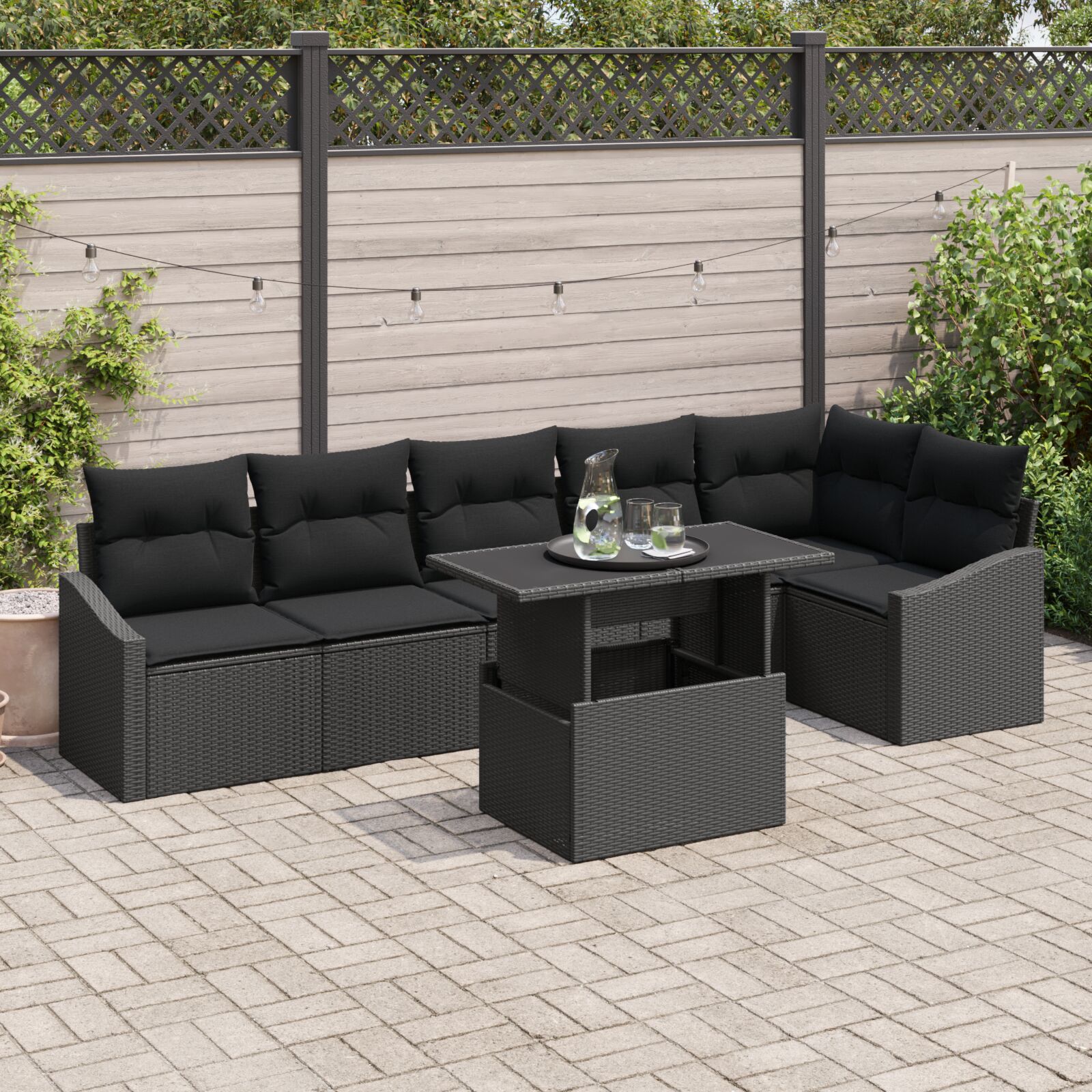 7-teilige Garten Sofa Set mit Kissen Schwarz Poly Rattan