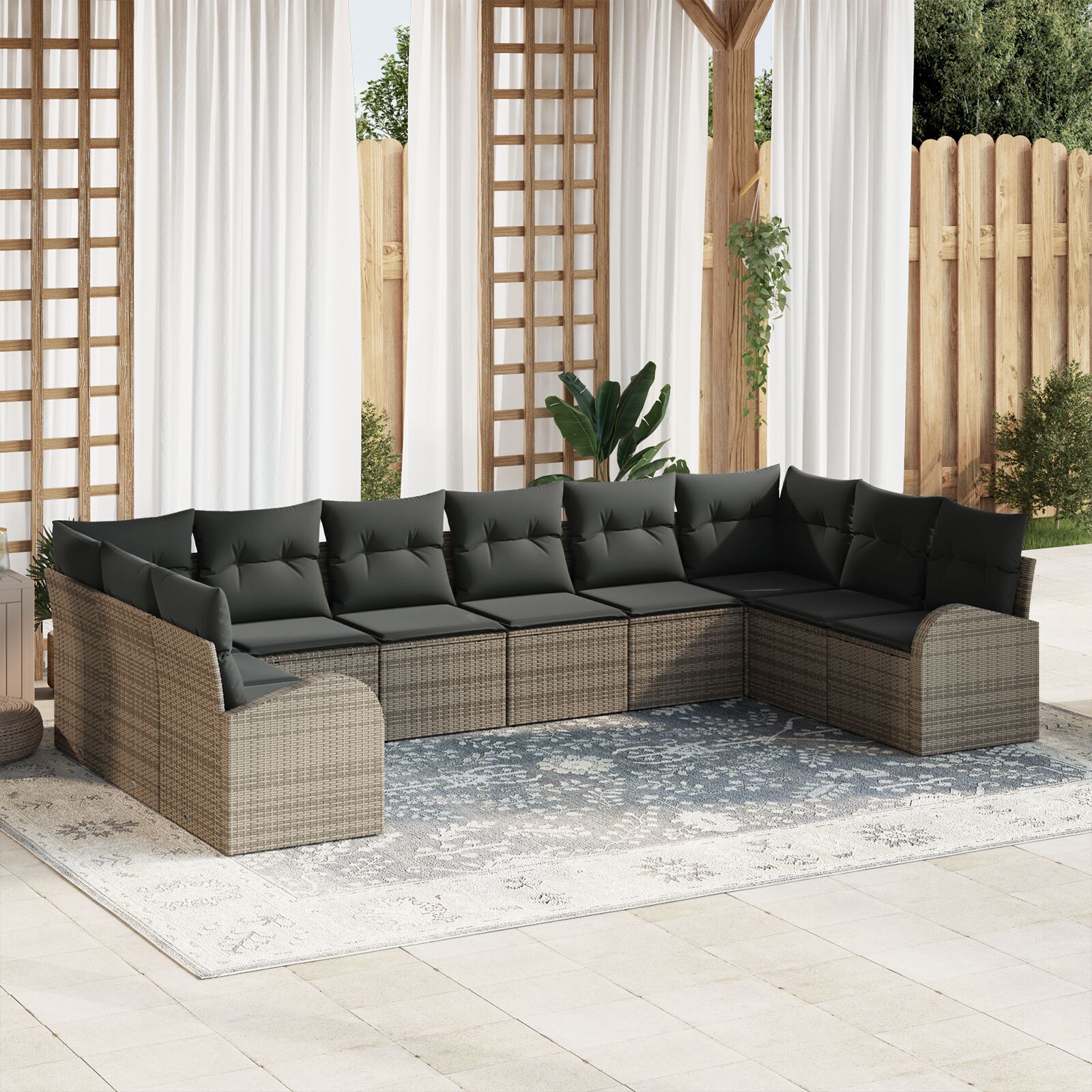 10-teiliges Garten Sofa Set mit Kissen grau Poly Rattan 10-teiliges Garten Sofa Set mit Kissen grau Poly Rattan