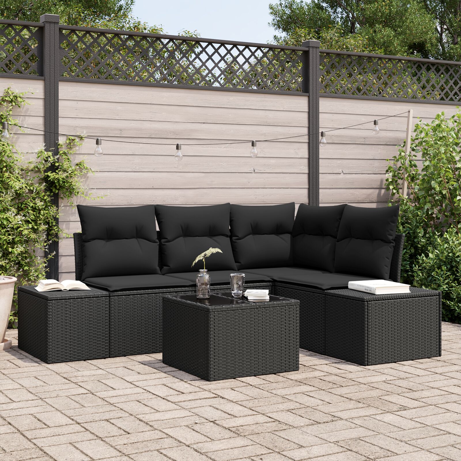 5-teilige Garten Sofa Set mit Kissen Beige Poly Rattan